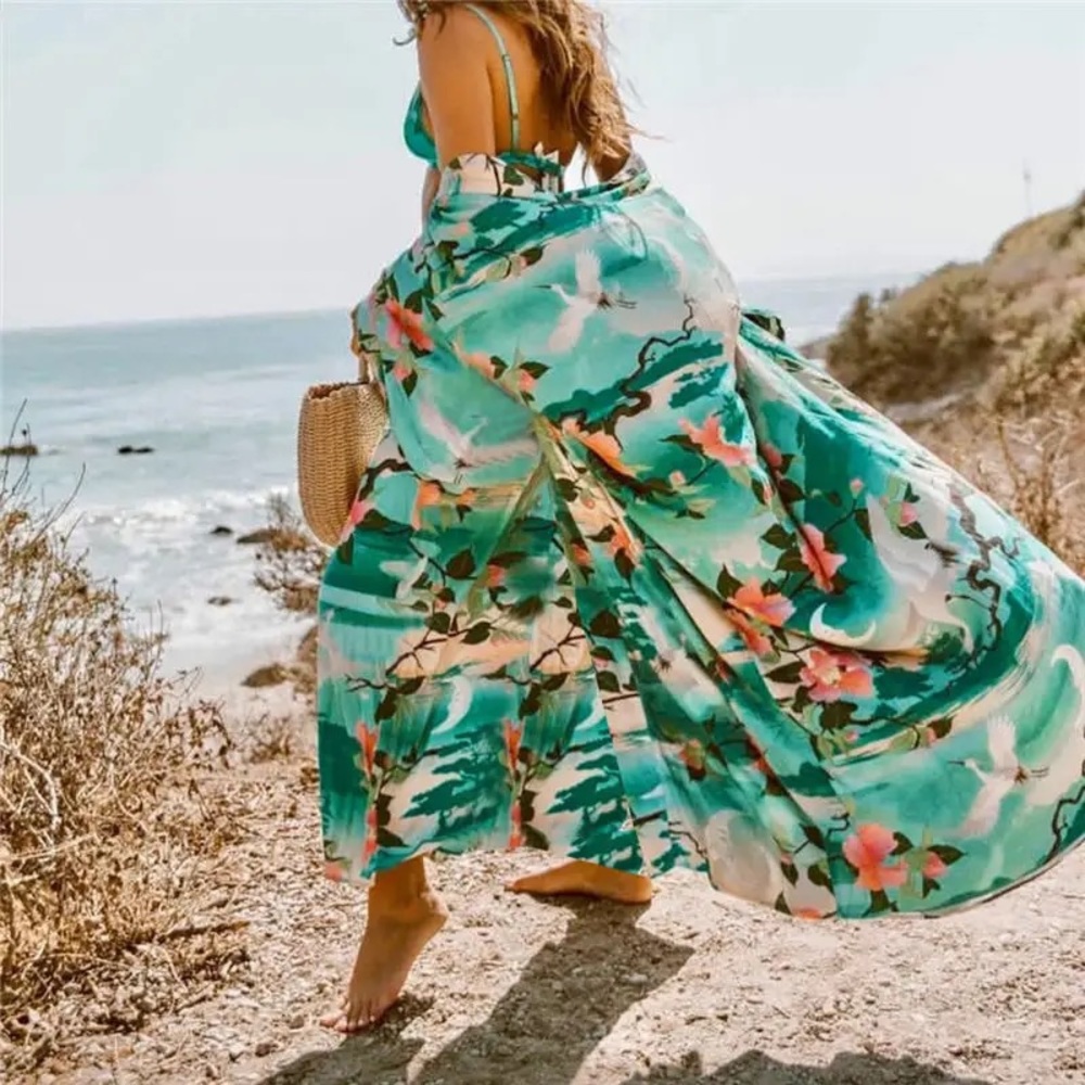 Bohemian Gypsy Floral Bird Pattern Oversized Resort Beach Maxi Long Kimono - Picture 4 of 6